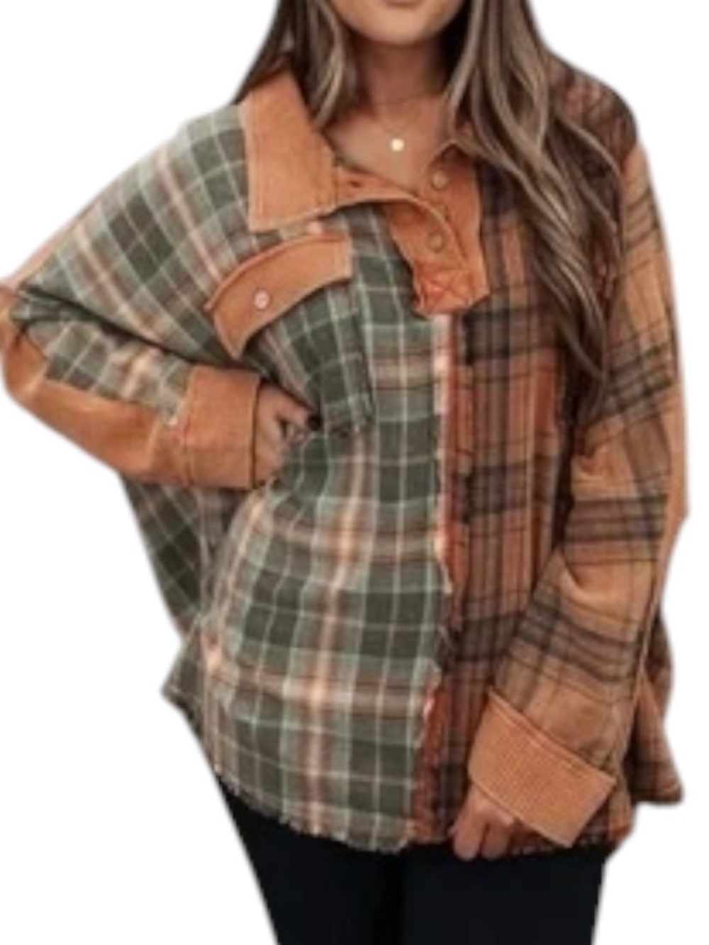Oli & Hali Boho Patchwork Mixed Plaid Waffle Knit Raw Hem Oversized Shacket Top - Picture 3 of 9